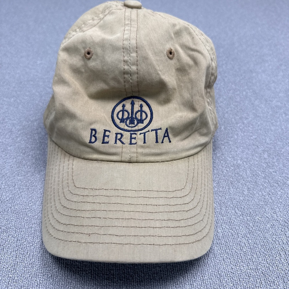 Beretta Firearms Sanded Hat Cap Strap Back Beige Hunters Tan Blue Script Logo
